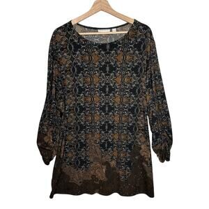 Susan Graver Jersey Knit Tunic Top Geometric Paisley Boho Sz XL Brown
